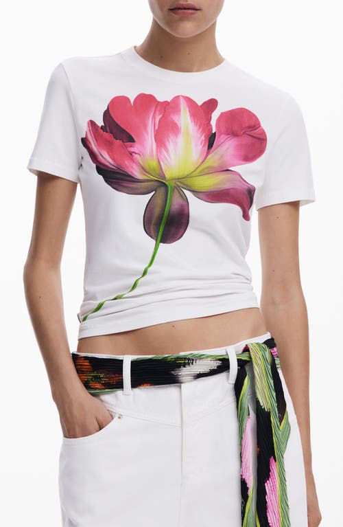 Desigual Fitted Floral Crop T-shirt In Light Beige