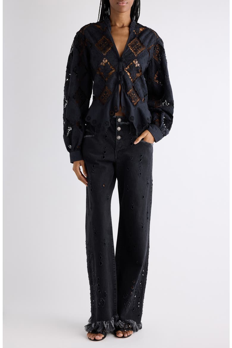 Amia Fray Hem Broderie Anglaise Flare Leg Jeans, Alternate, color, BLACK