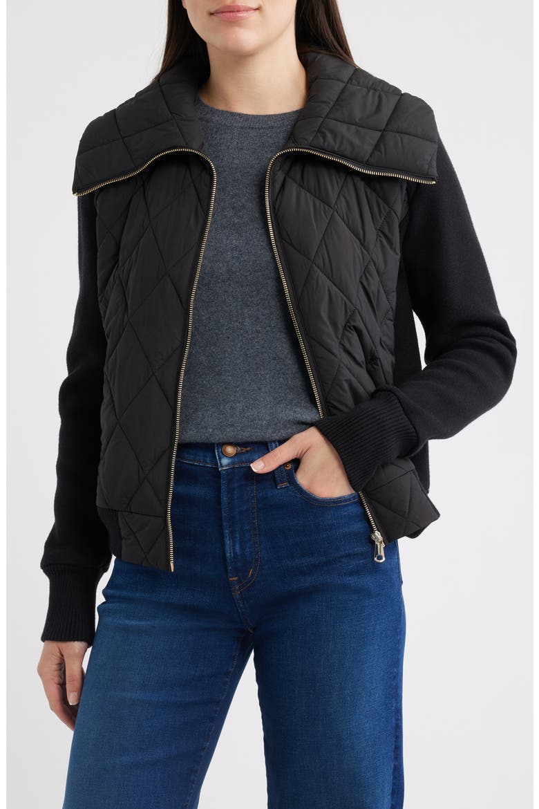 Mixed Media Knit & Quilted Jacket, Main, color, BLACK