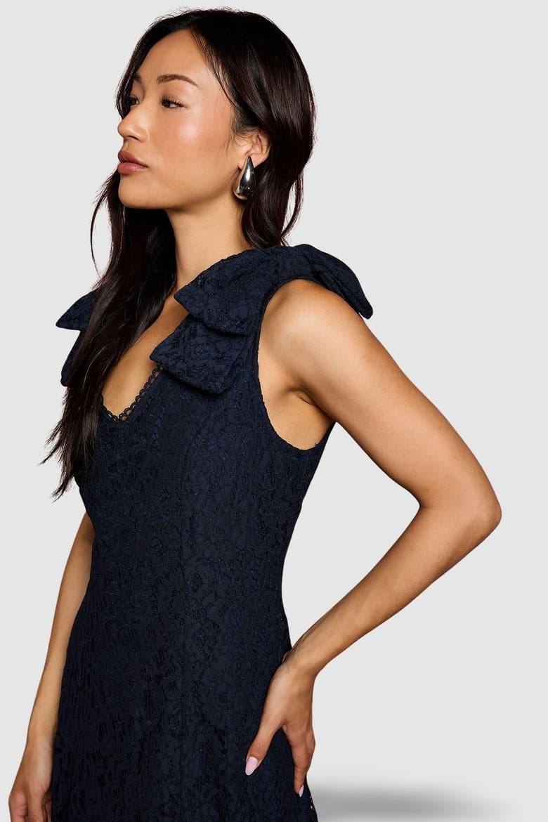 Bow Shoulder V Neck Lace Midi Dress, Alternate, color, Navy