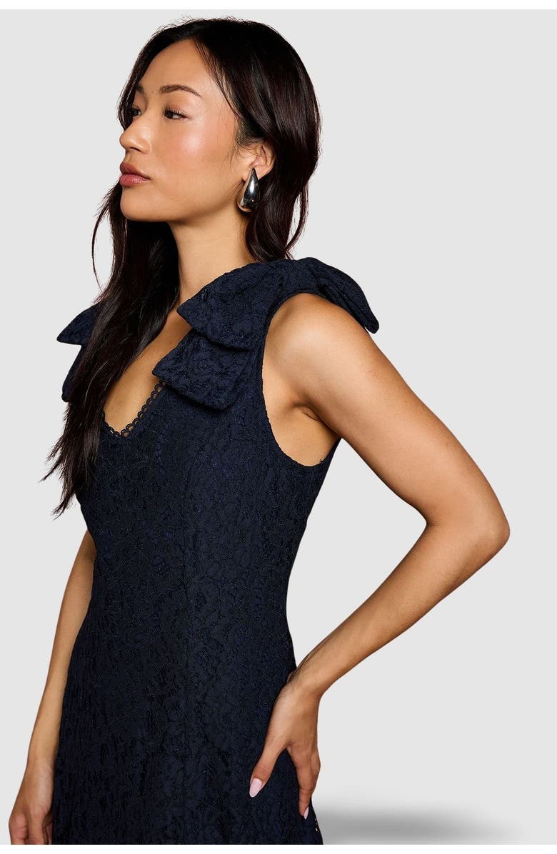 Coast Bow Shoulder V Neck Lace Midi Dress, Alternate, color, Navy