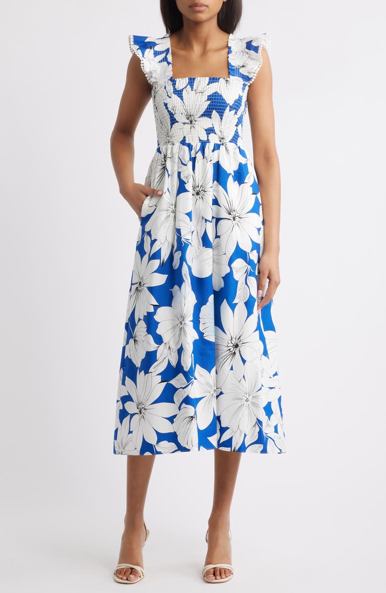 Anne Klein Smocked Ruffle Sundress, Main, color, Palace Blue Multi