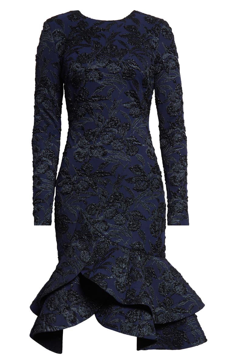Oscar de la Renta Metallic Orchid Jacquard Long Sleeve Dress, Alternate, color, Midnight