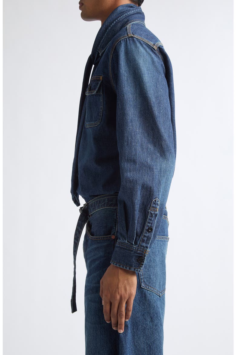 Tie Neck Denim Button-Up Shirt, Alternate, color, BLUE