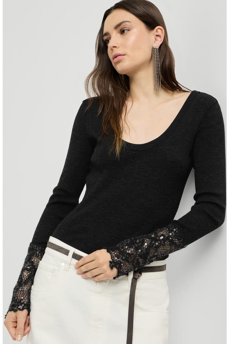 Ribbed wool jersey sweater with dazzling lace embroidery cuffs, Alternate, color, Anthracite