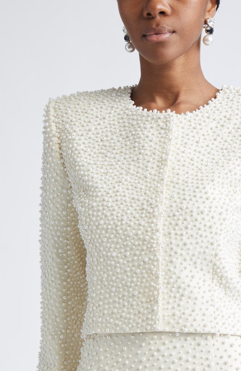 Carolina Herrera Faux Pearl Embellished Crop Jacket, Alternate, color, Ivory