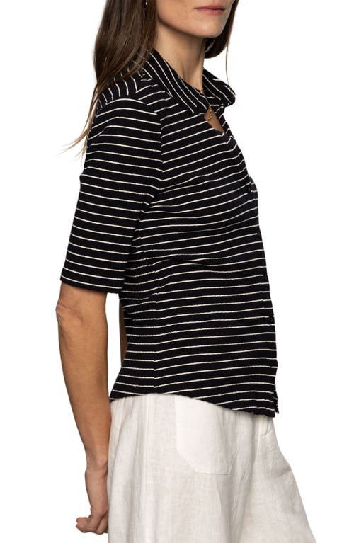 Sanctuary Stripe Elbow Sleeve Rib Button-up Shirt In Black Chalk