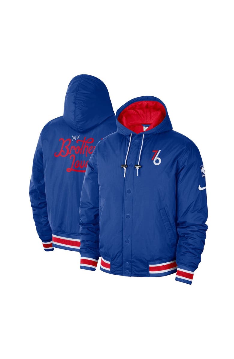 Nike Men's Nike Blue/Red Philadelphia 76ers 2022/23 City Edition Courtside Bomber Full-Zip Hoodie Jacket, Main, color, 