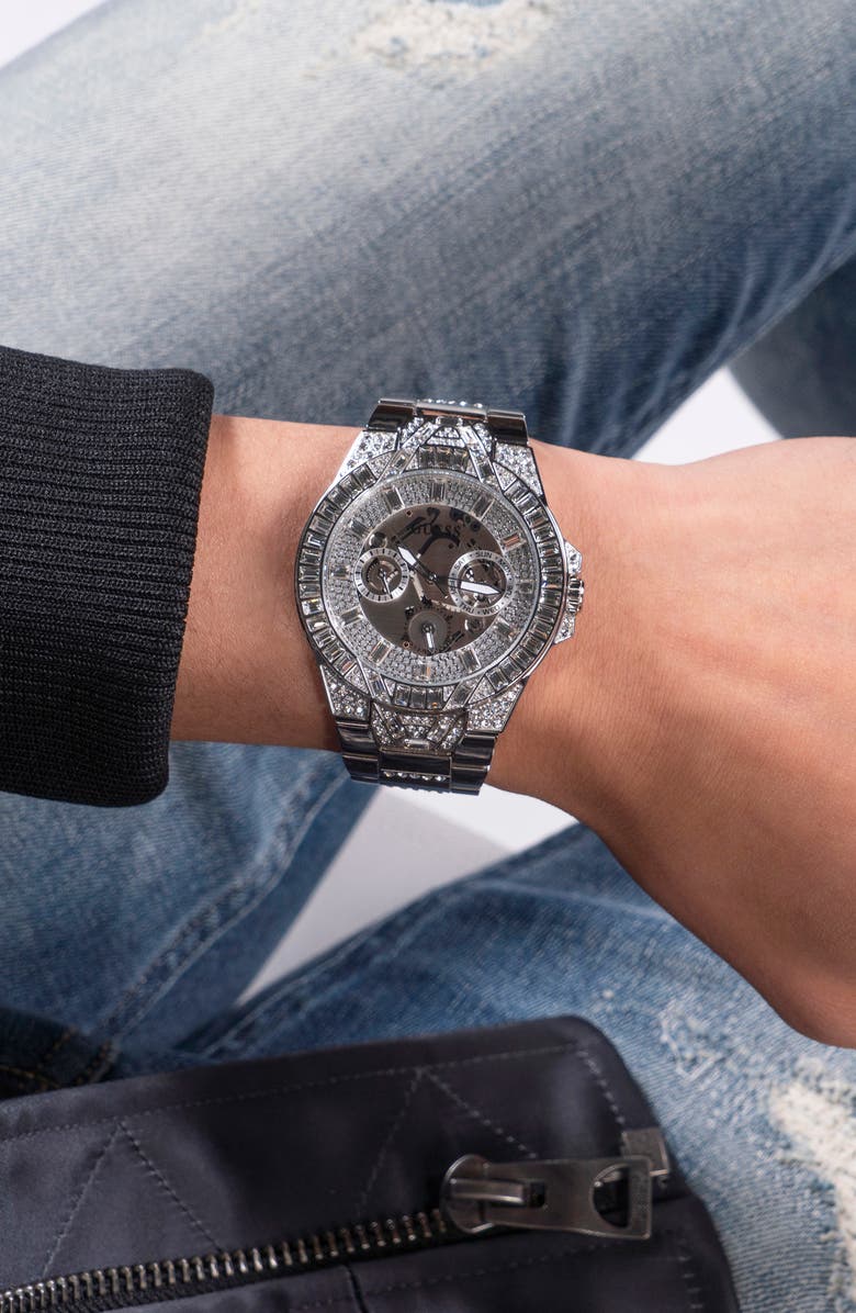 GUESS Multifunction Crystal Skeleton Bracelet Watch, 44mm, Alternate, color, 