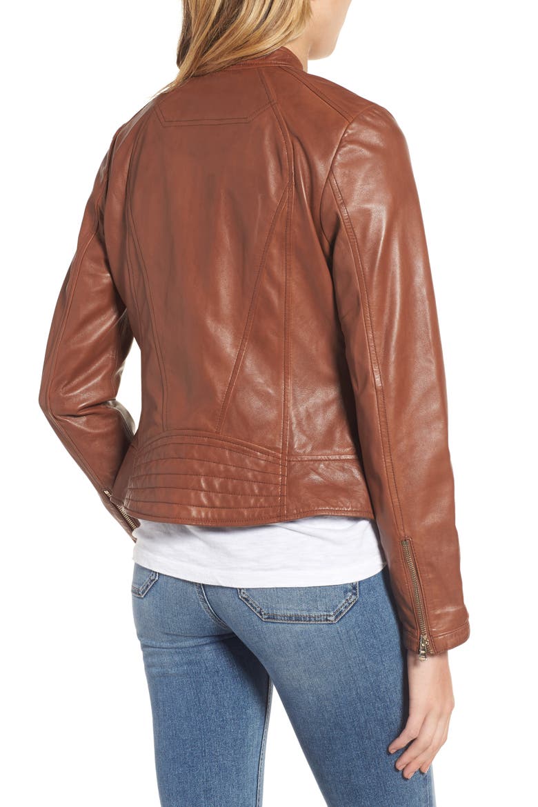 Collarless Leather Moto Jacket, Alternate, color, COGNAC