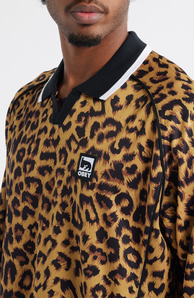 Obey Leopard Print Johnny Collar Soccer Jersey, Alternate, color, Leopard Multi