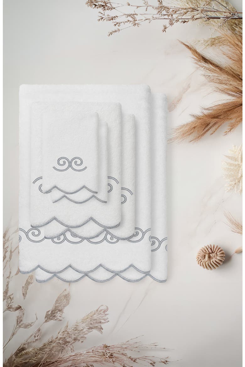 6-Piece Symmetra Embroidered Turkish Cotton Towel Set, Alternate, color, WHITE/ GRAY