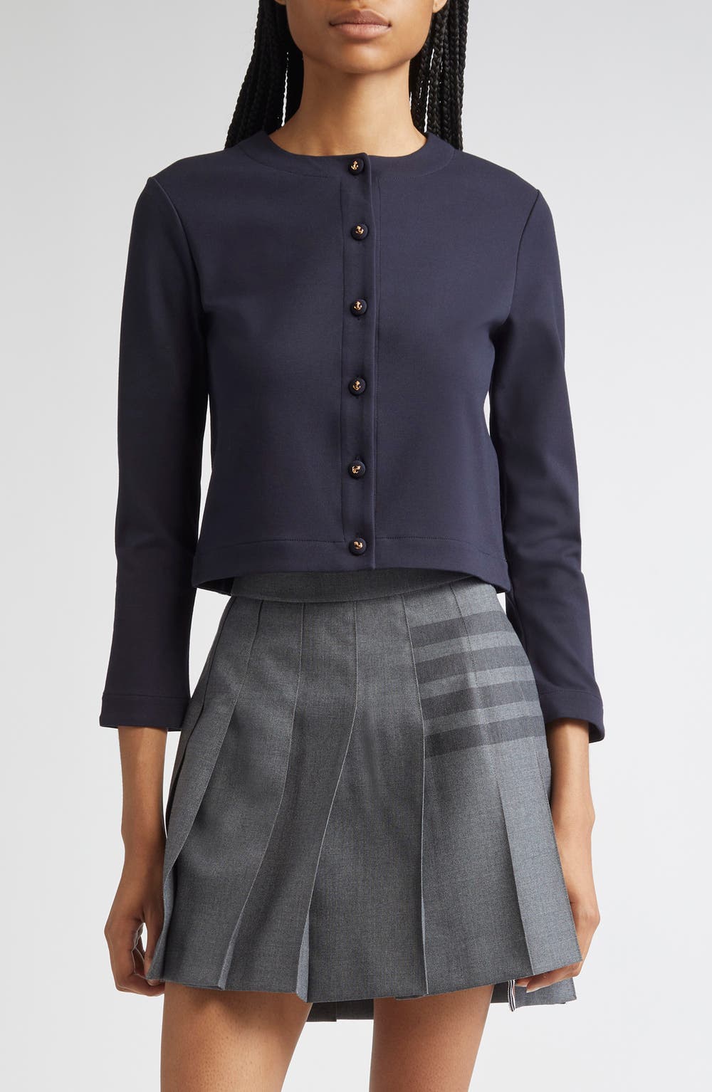 Crewneck Cardigan with Anchor Embossed Buttons, color, NAVY