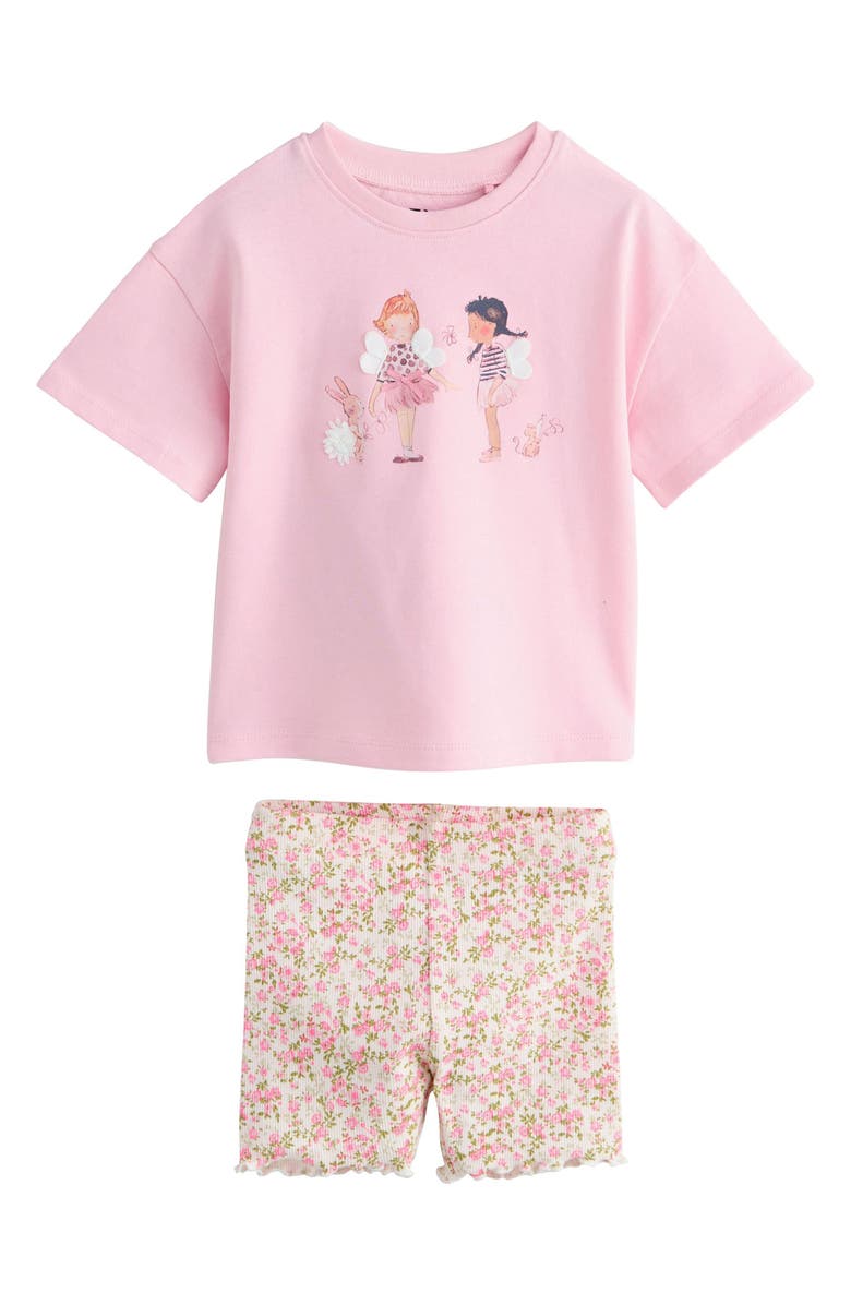 NEXT Ballerina Appliqué T-Shirt & Floral Shorts Set, Main, color, Pink