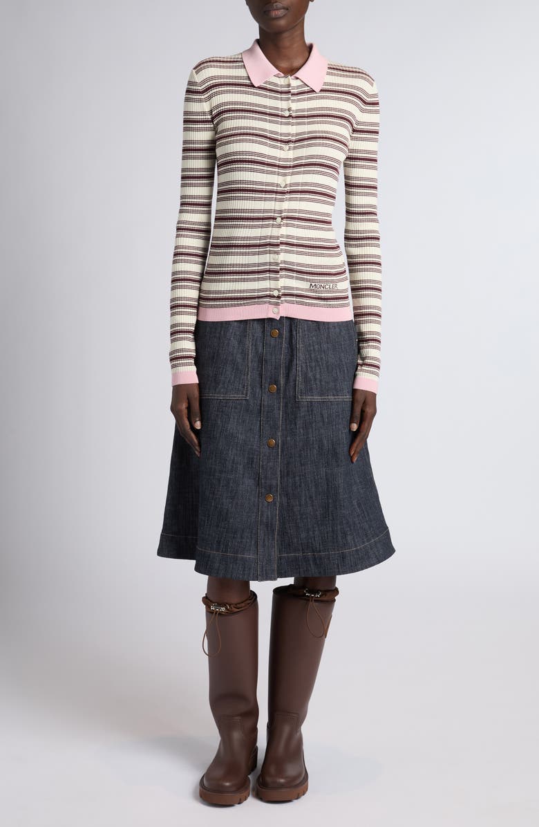 Moncler Stripe Fitted Rib Cotton Cardigan, Alternate, color, White/ Beige