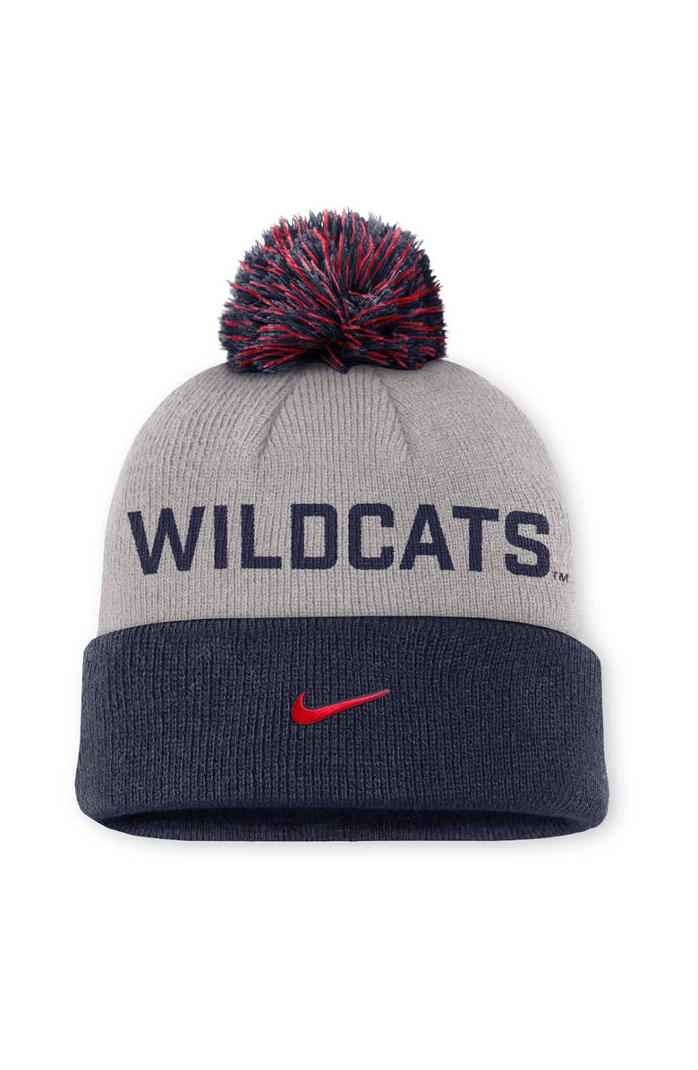 Nike Men's Nike Gray/Navy Arizona Wildcats Primetime Peak Cuffed Knit Hat with Pom, Alternate, color, Gray