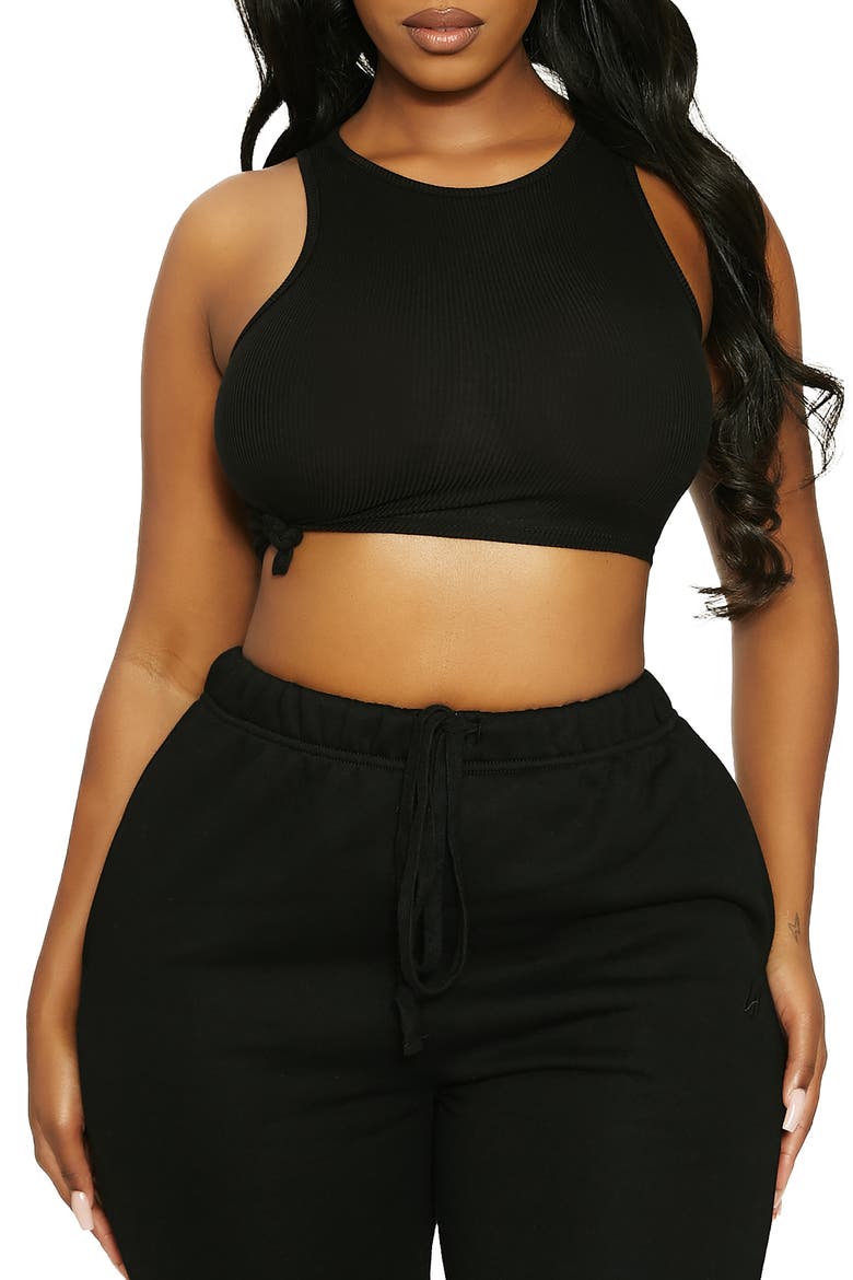x Lori Harvey Side Knot Rib Crop Tank, Main, color, BLACK