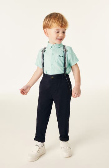 Baker By Ted Baker Kids' Short Sleeve Button-up Shirt, Trousers & Suspenders Set In Multi