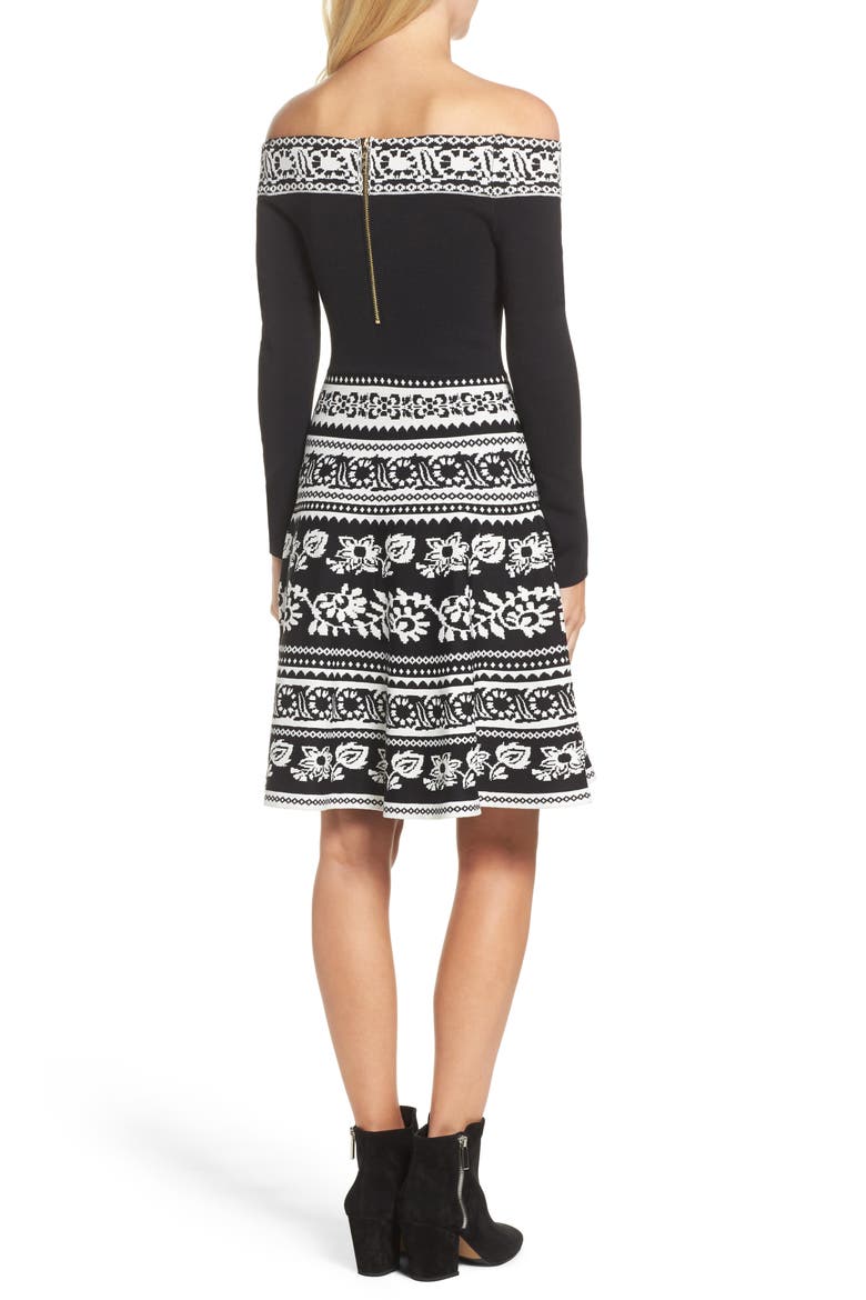 Pattern Off the Shoulder A-Line Knit Dress, Alternate, color, BLACK WHITE