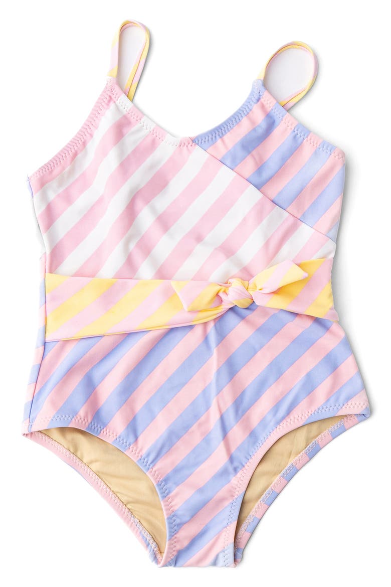 Kids' Pastel Stripe Faux Wrap One-Piece UPF 50+ Swimsuit, Main, color, PINK MULTI