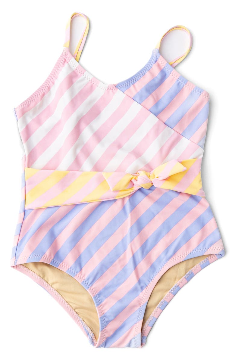 Shade Critters Kids' Pastel Stripe Faux Wrap One-Piece UPF 50+ Swimsuit, Main, color, Pink Multi