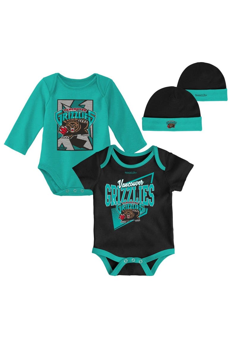 Infant Mitchell & Ness Black/Turquoise Vancouver Grizzlies Hardwood Classics Bodysuits & Cuffed Knit Hat Set, Main, color, Black