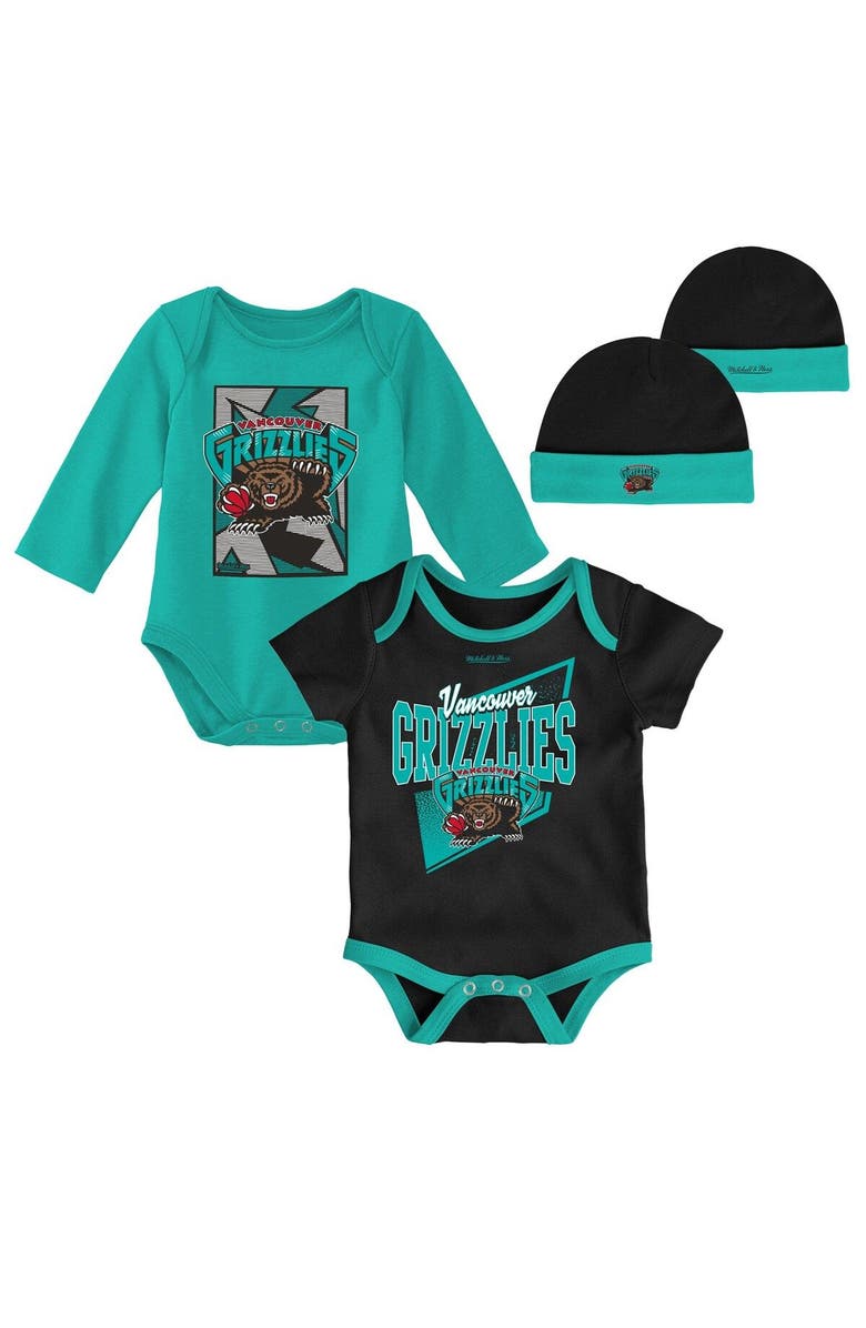 Mitchell & Ness Infant Mitchell & Ness Black/Turquoise Vancouver Grizzlies Hardwood Classics Bodysuits & Cuffed Knit Hat Set, Main, color, Black