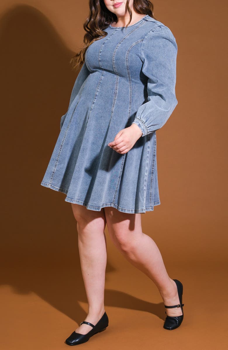 FLYING TOMATO Washed Denim Long Sleeve Minidress, Alternate, color, Blue Acid