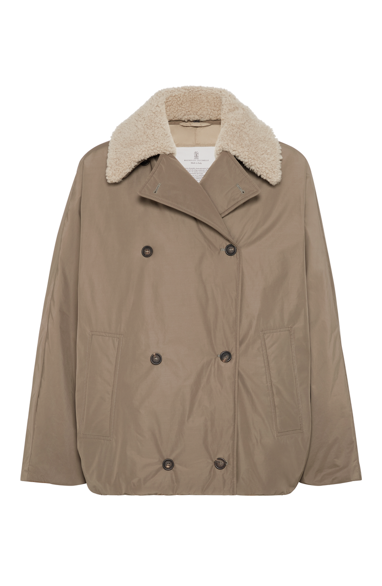 Brunello Cucinelli Water-resistant taffeta down jacket with detachable shearling collar and monili, Main, color, 