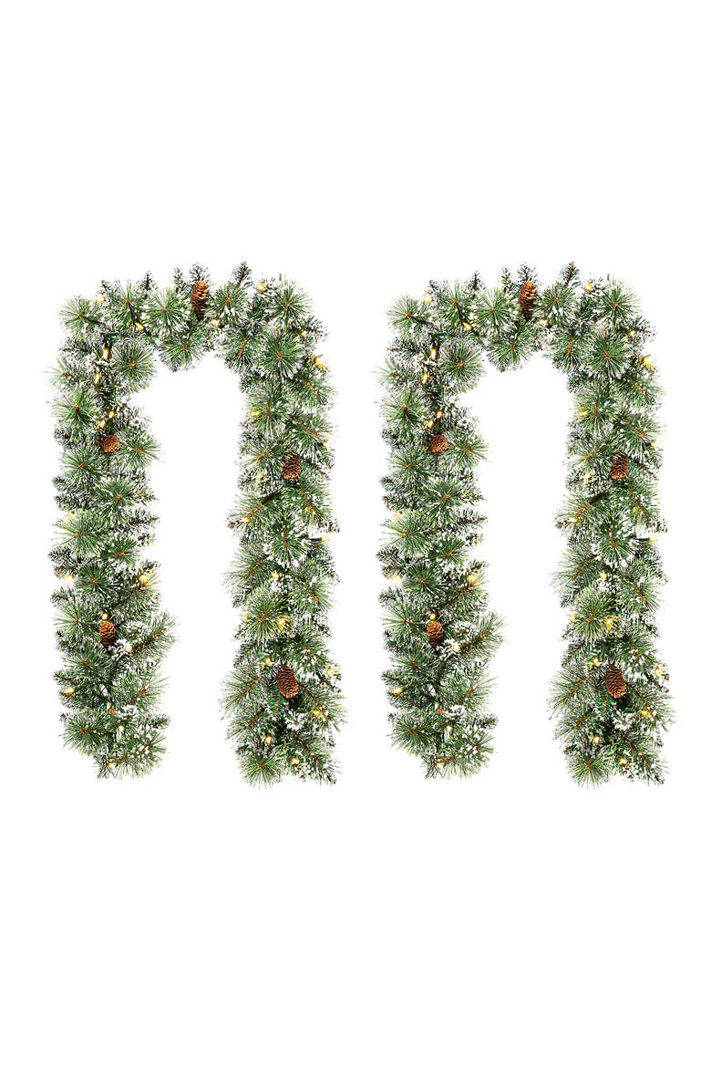 Set of 2 Frosted Christmas Garland with Lights and Timer, Main, color, Green