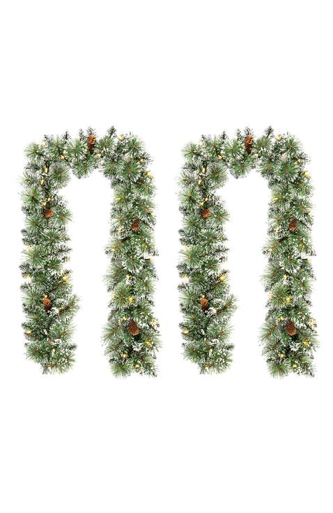 Set of 2 Frosted Christmas Garland with Lights and Timer