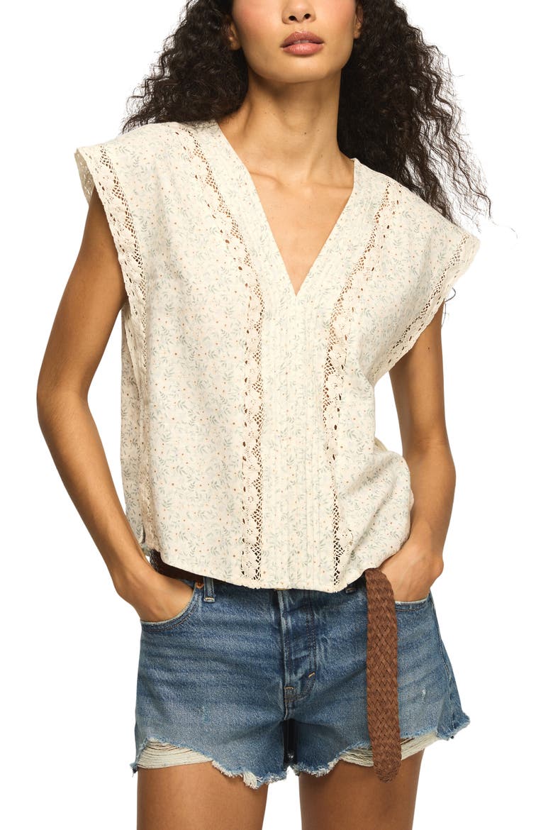 Floral Lace Inset Linen Blend Pintuck Top, Main, color, CREAM DITSY