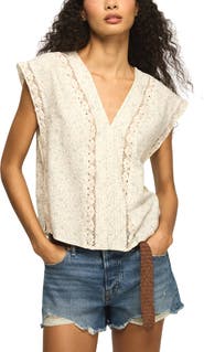 Lucky Brand Floral Lace Inset Linen Blend Pintuck Top