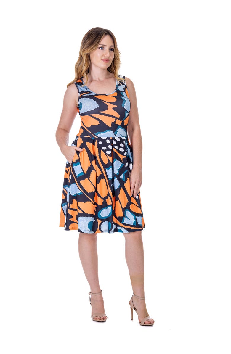 Orange Butterfly Print Sleeveless Pleated Knee Length Pocket Dress