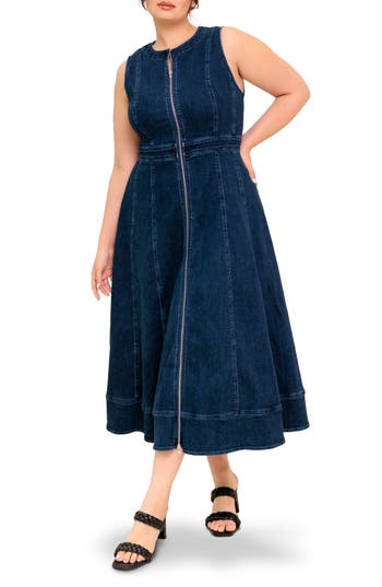 Flying Tomato Zip Front Denim Maxi Dress In Purple