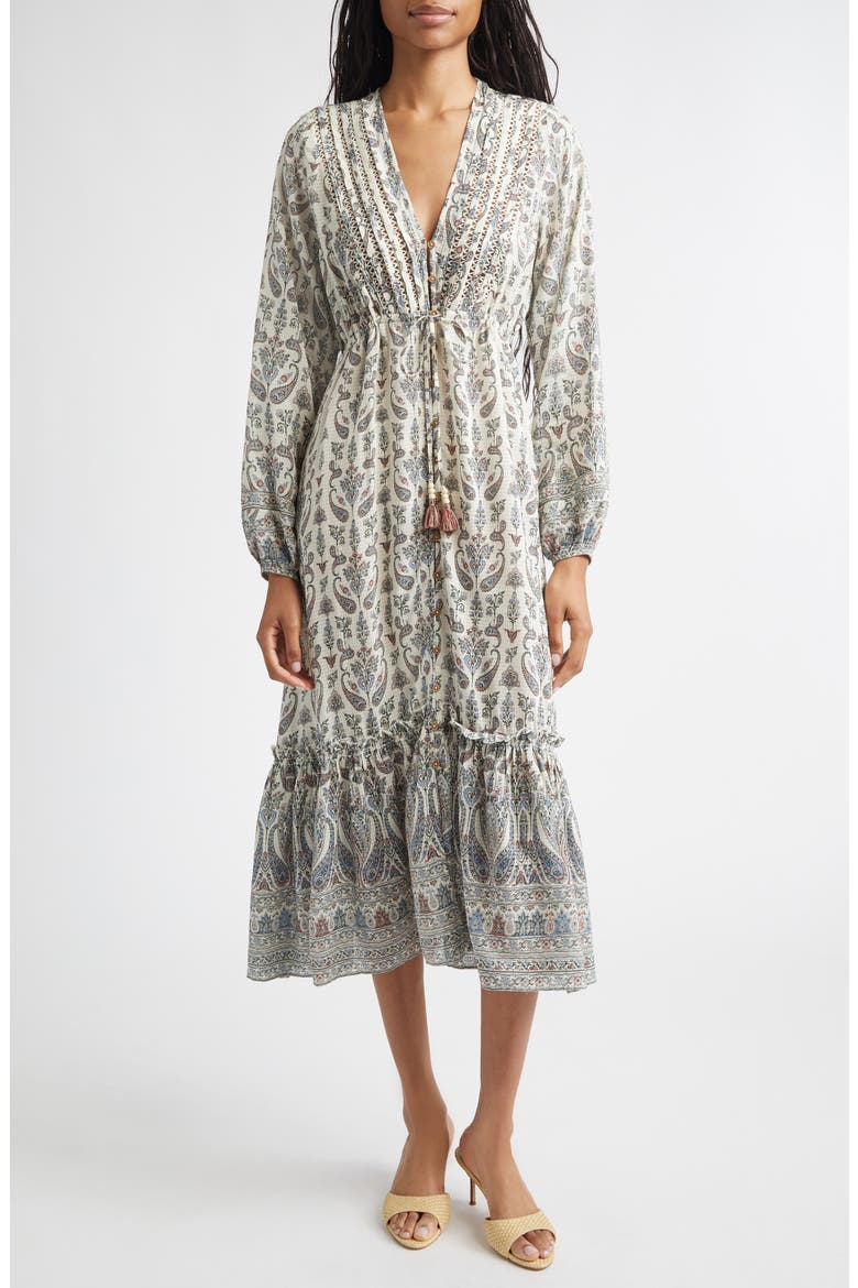 Paisley Tie Waist Midi Dress, Main, color, ECRU MULTI