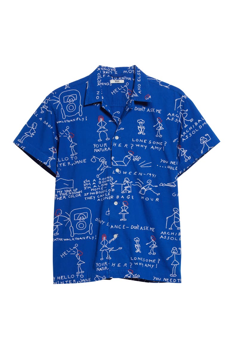 Doodle Scene Embroidered Short Sleeve Cotton Button-Up Shirt, Alternate, color, BLUE