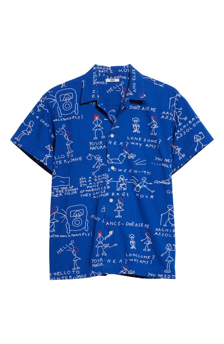Bode Doodle Scene Embroidered Short Sleeve Cotton Button-Up Shirt, Alternate, color,