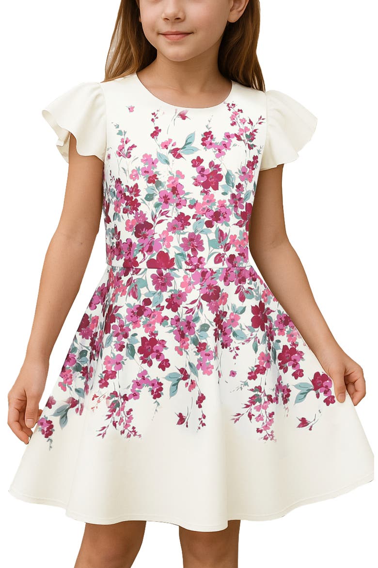 Kids' Flutter Sleeve Scuba Skater Dress, Alternate, color, IVORY FLORAL