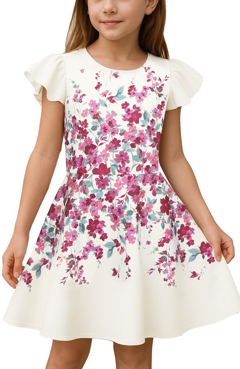 Zunie Kids' Flutter Sleeve Scuba Skater Dress, Alternate, color, Ivory Floral