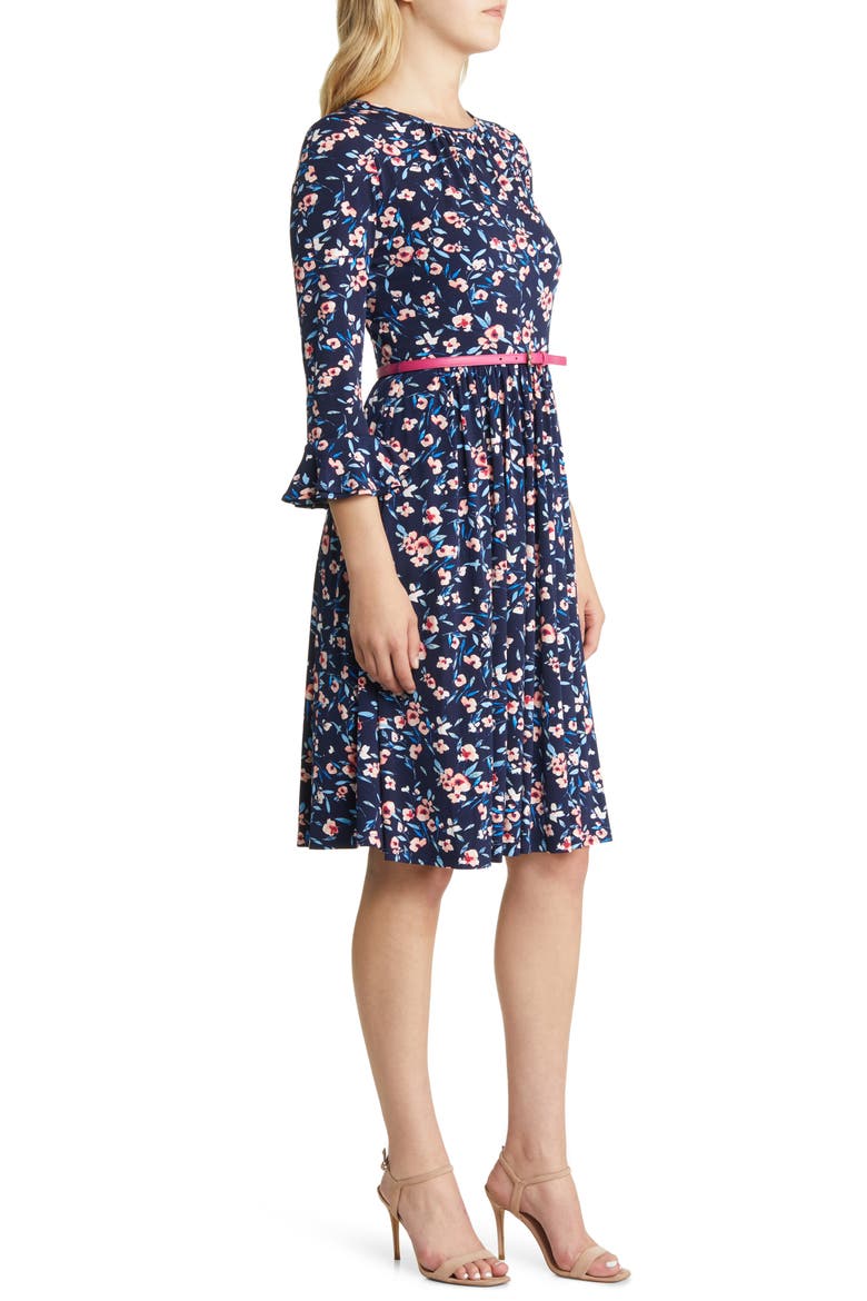 Floral Belted A-Line Dress, Alternate, color, NAVY