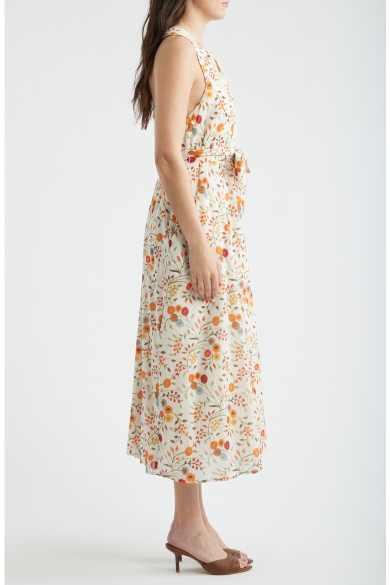 Floral Sleeveless Belted Midi Dress, Alternate, color, CREAM FLORAL