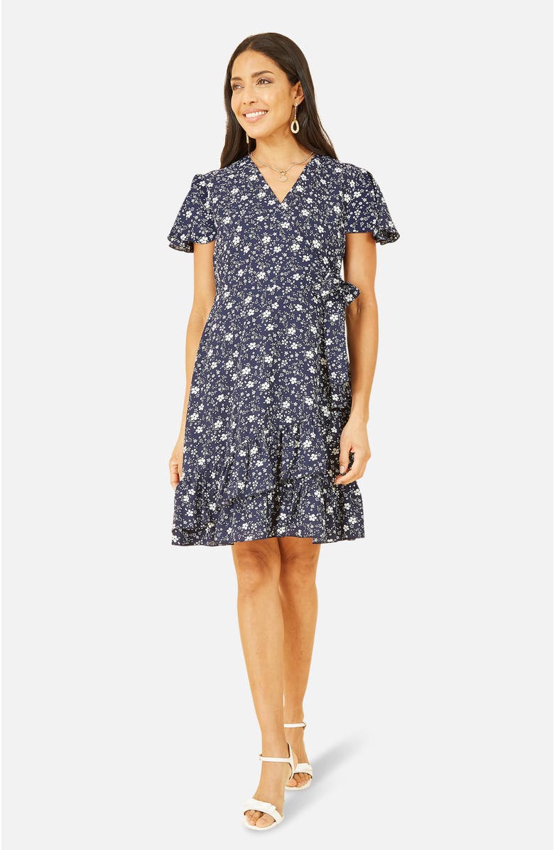 Yumi Ditsy Floral Wrap Frill Dress, Main, color, Navy