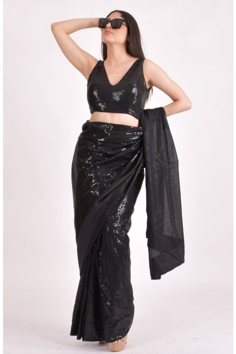 Sequins Pre-Draped Saree, Main, color, Black