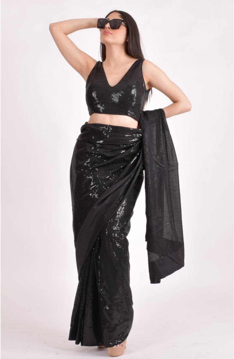 RAAS Sequins Pre-Draped Saree, Main, color, Black