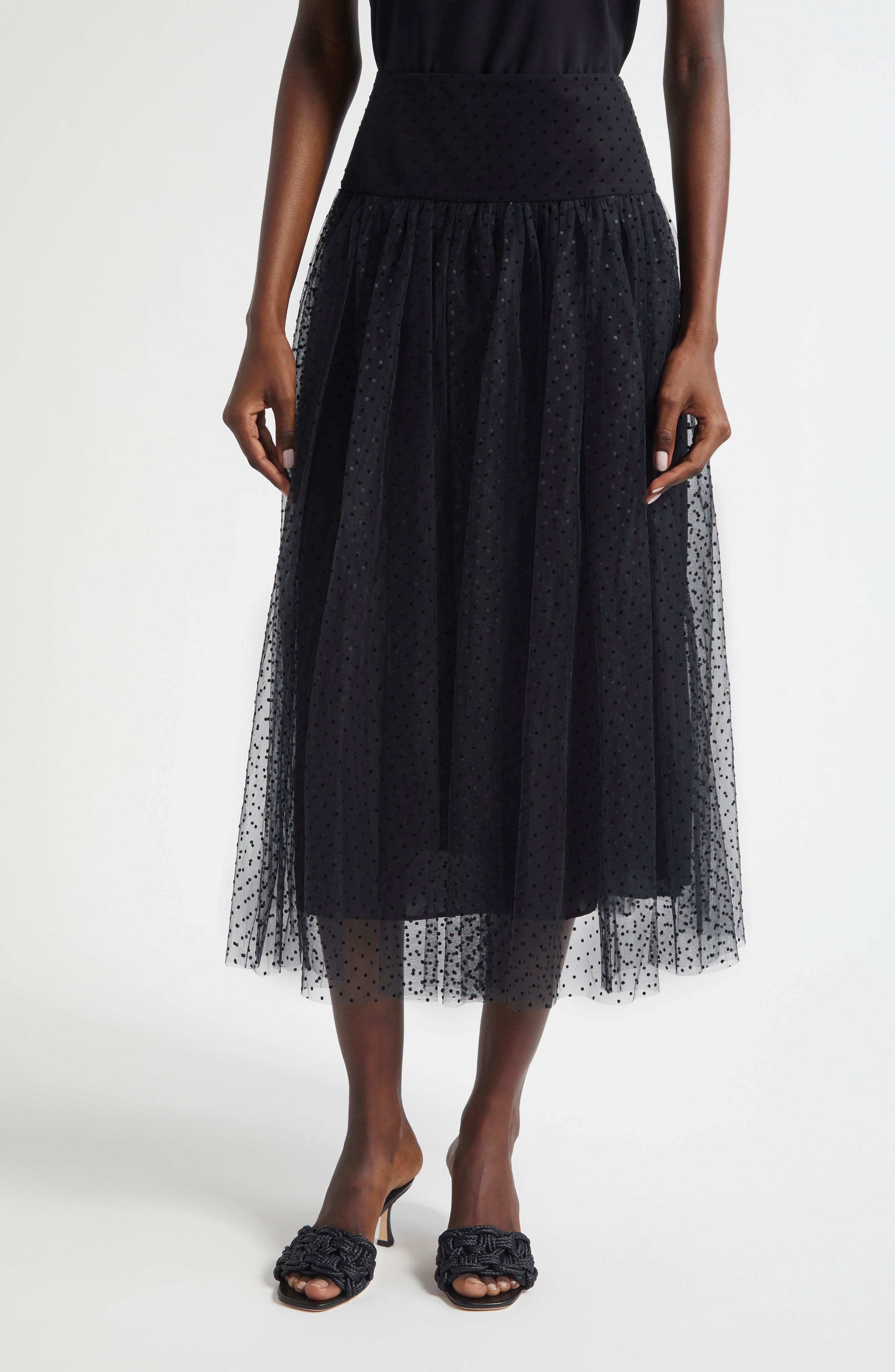 Flocked Dot Tulle Midi Skirt