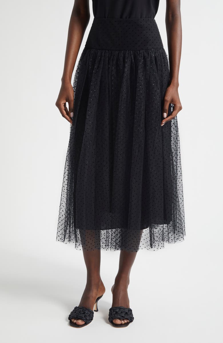 Zimmermann Flocked Dot Tulle Midi Skirt, Main, color, Black