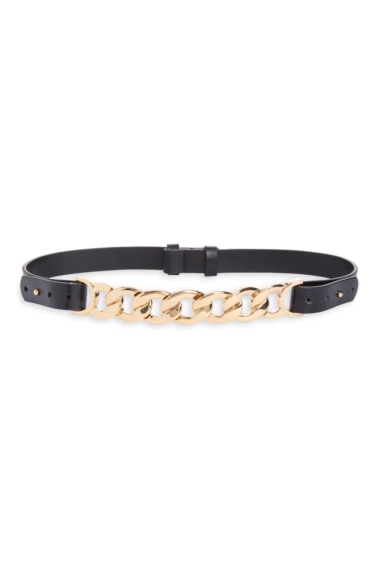Slim Front Chain Leather Belt, Main, color, BLACK001