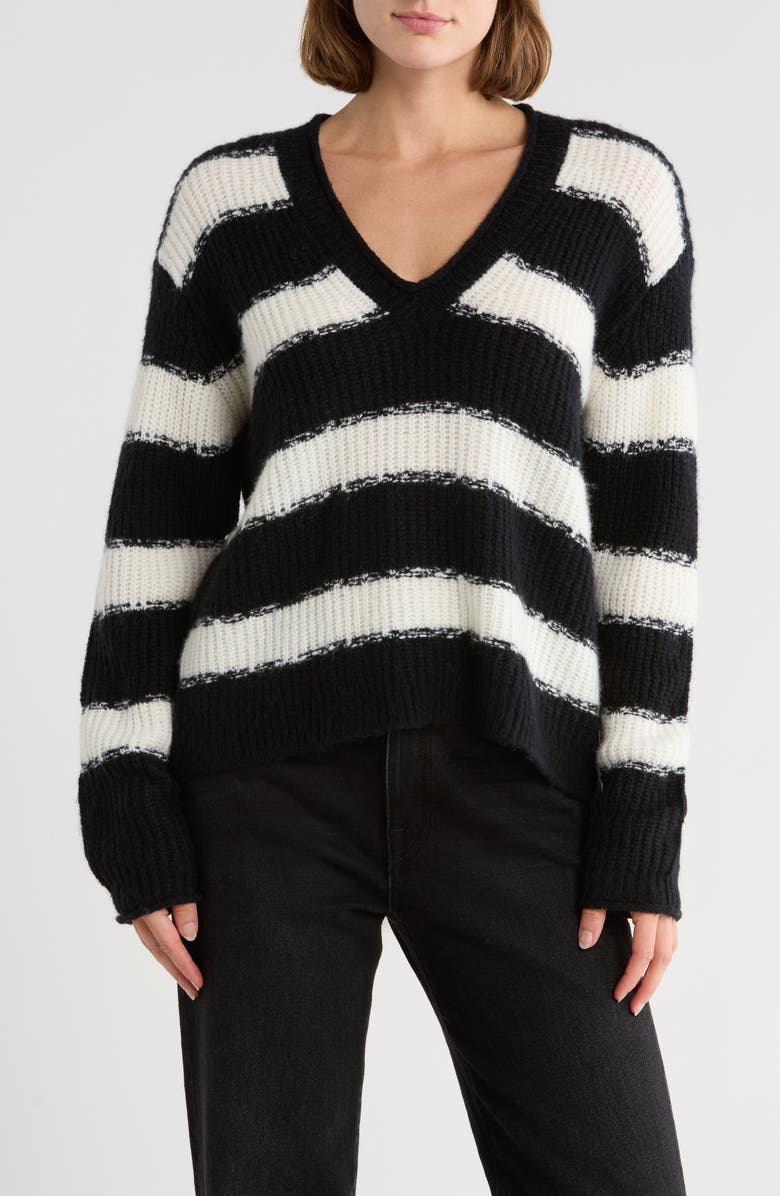 ATM Anthony Thomas Melillo Stripe V-Neck Sweater, Main, color, Chalk/Black