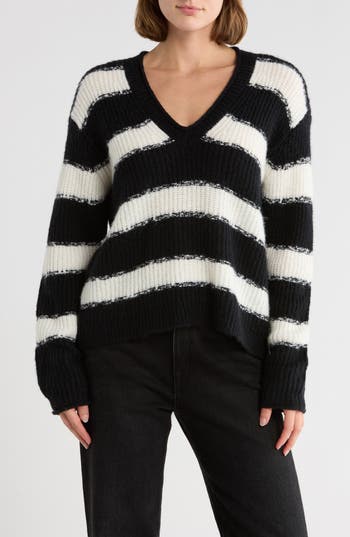 Atm Anthony Thomas Melillo Stripe V-neck Sweater In Black